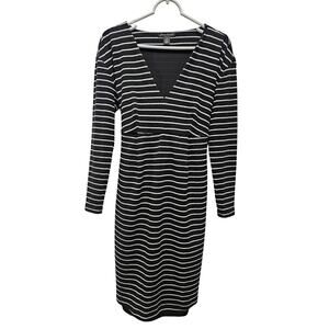 A Pea in the Pod Black White Stripe Tie Waist V Neck  Knit Maternity Dress S